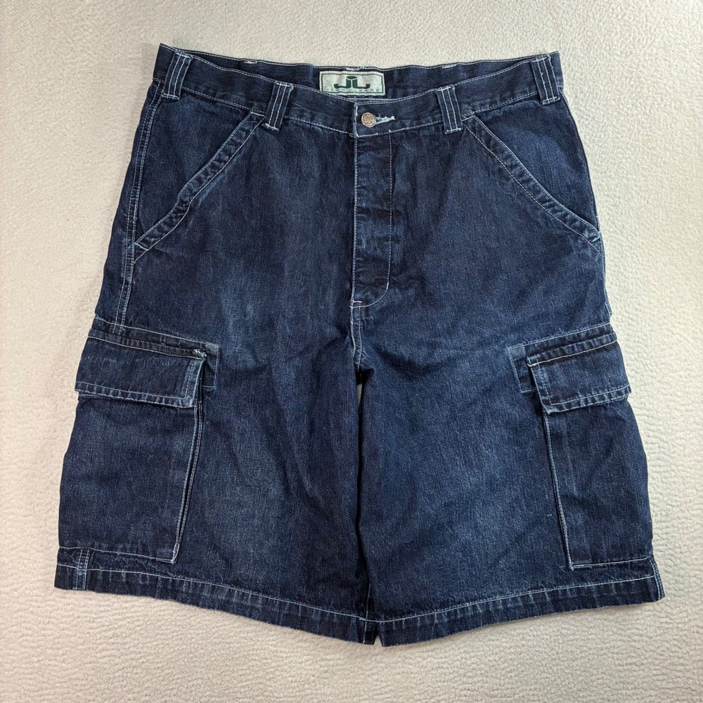 Vintage Jimmy Jazz Baggy Cargo Jorts Men 36x12 Blue Denim Jean Shorts 90s Y2K